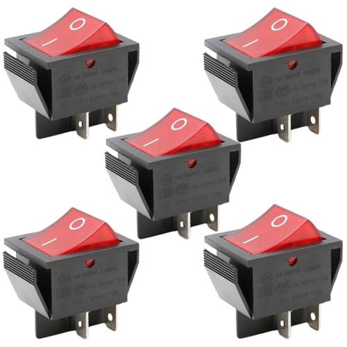 Interruptor Basculante DPST ON/OFF 4 pin, Interruptor Basculante DPST de Encendido y Apagado, Interruptor Encendido/Apagado de Dos polos y Cuatro Terminales, 250 V 16A, Luz Rojo, 5 unidades