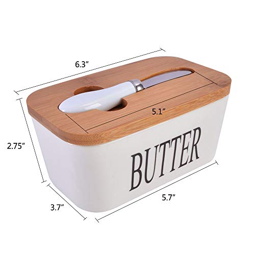 SZUAH Porcelain Butter Dish with Lid and Knife, 500ml, Large Butter Keeper Container, Butter Dishes with Covers for Countertop Silicone Sealing, Dishwasher Safe, White, Natural Bamboo