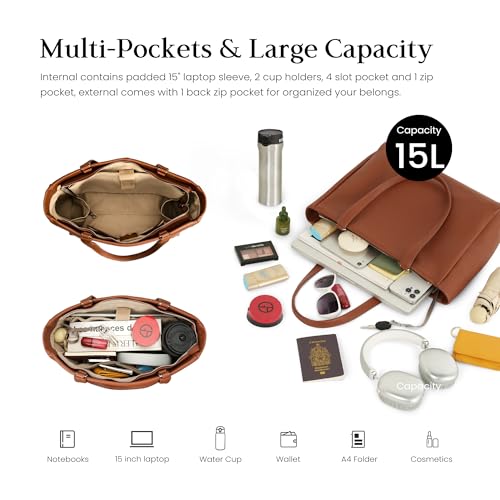 Image of befen Genuine Leather Work Tote Bag for Women with 15 inch Compartment | Real Leather, 15 inch Laptop Sleeve, Trolley Strap, Zipper, Cup Holder