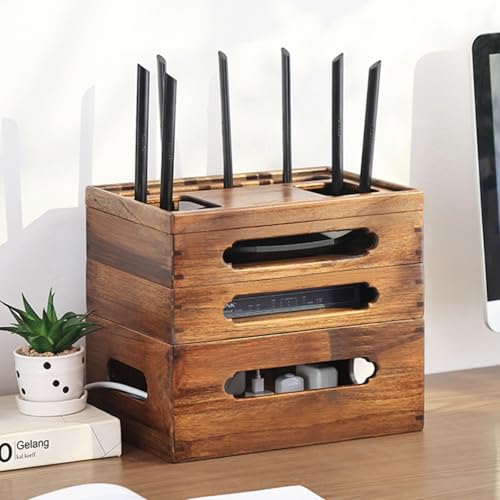 Wi-Fiルーター 収納 無垢材ルーターボックス 家庭用メディア収納キャビネット 寝室とリビングルーム用ルーター隠し(3 layers 31cm/12.2in)