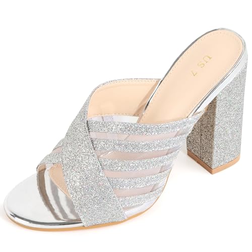 Allegra K Women's Glitter Mesh Slip on Chunky Heel Slide Sandals