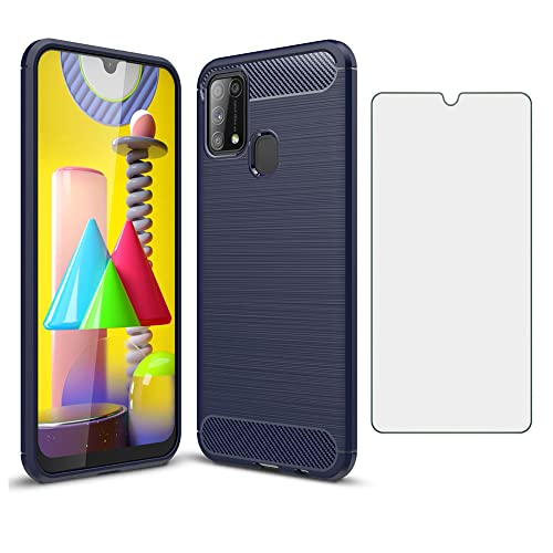 Asuwish Phone Case for Samsung Galaxy M31/M21s/F41 and Tempered Glass Screen Protector with Cell Accessories Shockproof Soft Slim Silicone Thin Carbon Fiber Gaxaly 31M Prime Women Men Blue