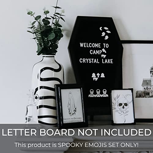 Nomnu Spooky Letter Board Characters (White) - Board Not Included - Halloween Decorations Emojis For Letterboard - Gothic Decor Icons, +80Pcs Felt Message Board Accessories - Shapes Include: Pumpkin, Coffin, Skeleton, Skull, Spider, Bat, Witch Hat, Broom #TOP5