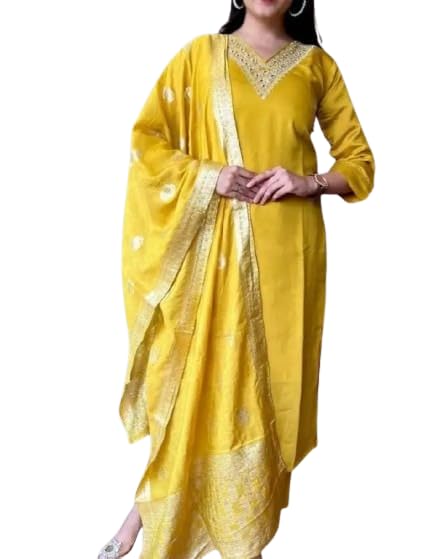 Image of Women's Chanderi Silk Kurti with Rayon Slub Pants & Dupatta | Printed Three-Quarter Sleeve Ethnic Set