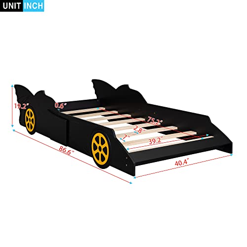 Race Car Bed Twin Size Platform Bed, Car-Shaped Bed With Wheels, Lightning Mcqueen Bed, Wood Twin Bed Frame For Kids Boys Girls, No Box Spring Needed (Black+Yellow) #TOP1