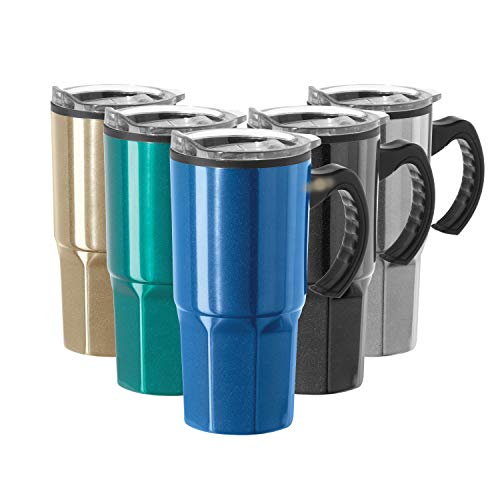 OGGI HEX Stainless Steel Travel Mug - Midnight Blue, 18 oz, with acrylic sliding lid and easy grip handle for hot and cold beverages