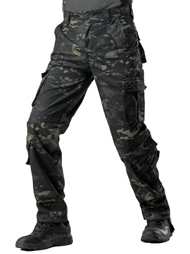 AKHIKING Men's Camo Cargo Work Pants Cotton Casual Tactical Ripstop Wild Outdoor Combat Trousers with 8 Pockets 01CP 40Wx32L