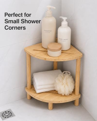 Vaelyss Bamboo Corner Shower Stool for Inside Shower 2-Tier, Shower Foot Rest for Shaving Legs, Bath Shower Bench with Storage Shelf, Shower Shelves, Shower Stand, Easy to Assemble - 4