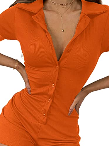 Lilycoco Women's Short Sleeve Ribbed Knit Button Front Collar Romper Playsuit Bodysuit Orange Large #TOP3