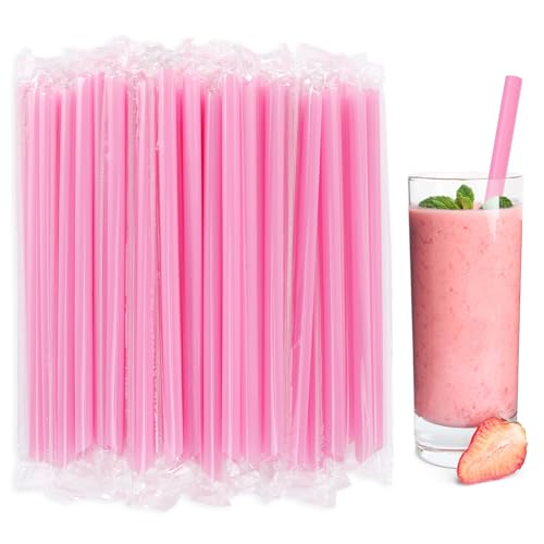 [100 Pcs] Disposable Plastic Smoothie Boba Straws - 9.45 Long 0.43 Wide Pink Jumbo Straws Individually Wrapped for Bubble Tea Milkshake Lemonade Milk Coffee Juice