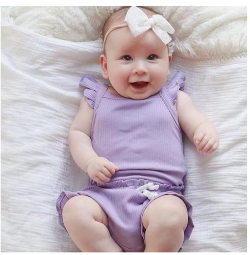 Toddler Baby Girl Summer Short Clothes Ribbed Ruffle Sleeve Tops+Elastic Drawstring Short Pants Two Piece Solid Outfit Set2