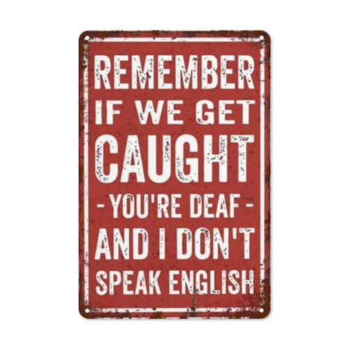 Vintage Metal Signs - Boho Wall Art Decor Funny Garage Man Cave Decoration for Hilarious Men - 8x12 Inch Home Office & Bar - Remember, If We Get Caught You're Deaf And I Don't Speak English Design