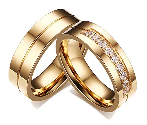 6MM Couple Titanium Stainless Steel Promise Engagement Wedding Bands for Him and Her Women Cubic Zirconia CZ Rings (Rose Gold, no Cubic Zirconia for Him 9)