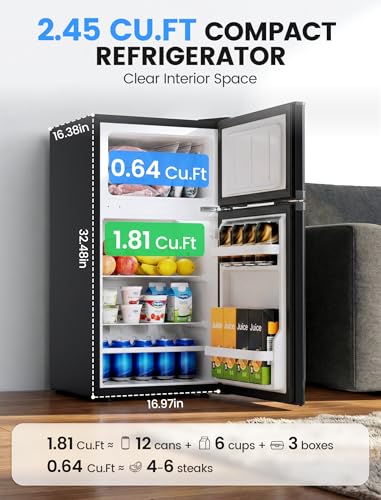 Image of COWSAR 2.5 Cu.Ft Mini Compact Refrigerator with Freezer, Double Reversible Door with 2 Removable Shelves, Commercial Drink Fridge for Bedroom, Office, Kitchen, Dorm, Black