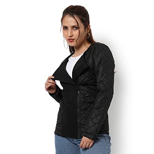 Image of Campus Sutra Women Black Regular Fit Bomber Jacket For Winter Wear | Standing Collar | Full Sleeve | Zipper | Casual Jacket For Woman & Girl | Western Stylish Jacket For Women
