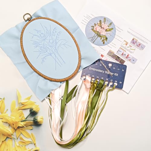 Image of FONNUY Ribbon Embroidery 3D Flowers Pattern Design Kit Embroidery DIY Handwork Set Oval Home Decoration (Champagne Rose)