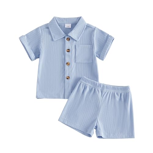 Image of Yigubigu Toddler Kid Boys Summer Outfit Solid Color Short Sleeve Lapel Button Down T-shirt Top Elastic Waist Shorts 2Pcs Clothes Set (Blue, 3-4T)
