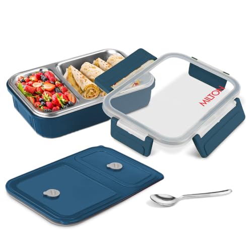 Image of MILTON Meal Safe 2 Inner Stainless Steel Tiffin Box for School with Steam Release Plug | PU Insulated, Leak-Proof, Food Grade I Lunch Box for Kids Boys, Girls with Snap Lock Lid, 465 ml, Navy Blue