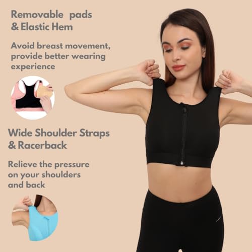 Image of GLAMORAS Women's Wirefree Full Coverage Sports Bra Medium Impact Mesh Racerback Design with Front Zip, Removable Pads Ideal for Gym, Yoga, Fitness Workouts