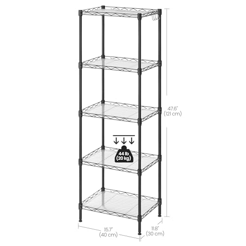 SONGMICS 5-Tier Shelving Unit, Metal Kitchen Storage Shelves, with Adjustable Wire Shelves, PP Liners, 8 Hooks, for Living Room, Garage, 30 x 40 x 121 cm, Black LGR115B01 - Image 4