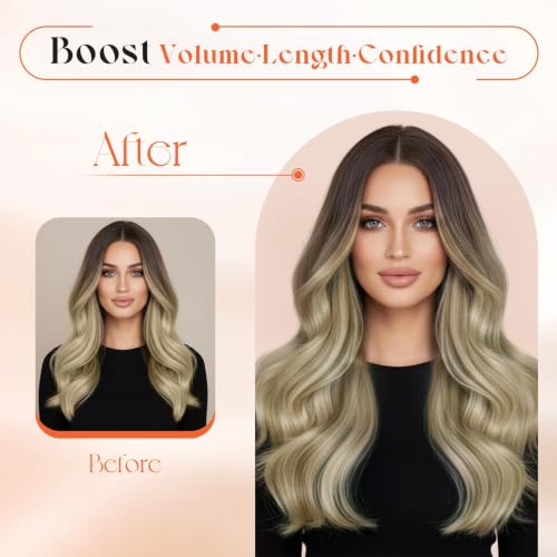 Image of Sunny Hair Clip in Hair Extensions Real Human Hair Blonde Ombre 22 Inch | Real Hair Extensions Clip in Human Hair Brown Blonde, Flowing and Fuller Hair with Balanced Shape for Date Night 120g