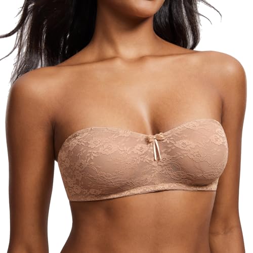 Image of DOBREVA Women's Strapless Lace Bras Unlined See-Through | Underwire, Floral Lace, Sexy, Sheer, Soft, Bow, Multiway, Comfort