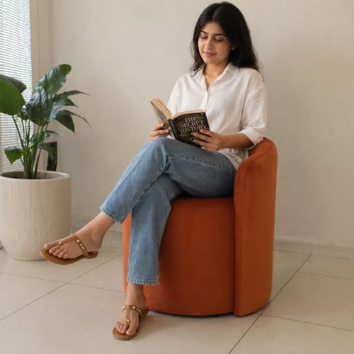 Image of Jaico Wood Seating mudda Puffy Stool Chair for Living Room, Dressing Table, Office, Home Decor, Ottoman pouffes, Sofa Type, and Large .Ottoman and Chair Combined into one (Camel)