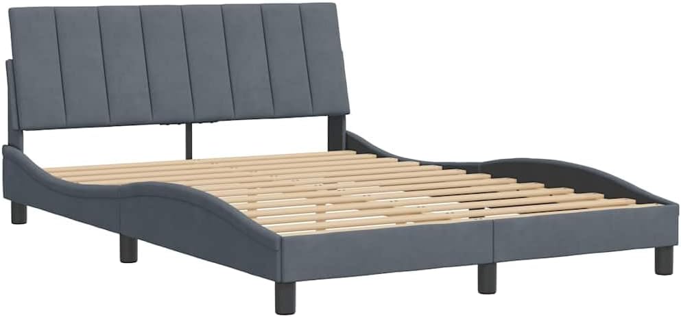 vidaXL Bed Frame with Headboard - Full Velvet Dark Gray Double Bed Base with Foam Cushion and Plywood Slats - Modern Waved Design