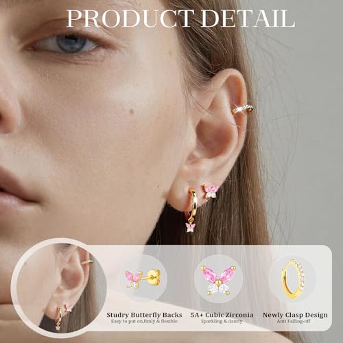 3pcs elegant and stylish golden butterfly-shaped pink zirconia stud earrings for women。Surgical Steel Drop Dangle Small Huggie Hoop Earrings Set 14K Gold Plated Hypoallergenic CZ Stud Earrings for Women Waterproof and Non Tarnish Rectangle3