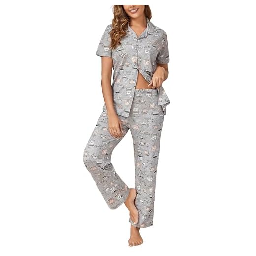 PNAEONG Conjunto de pijama feminino, blusa de duas peças de botão e calça comprida com bolsos, roupa de dormir de manga curta, P-2GG, Café, GG