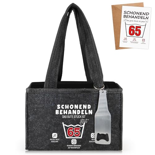 WenmthG Schonend Behandeln 65 Lustige Geschenke Geburtstag Männerhandtasche Bier mit Flaschenöffner und Grußkarten für Männer Frauen Freund, Männerhandtasche Bier Flaschenträger für 6 Bierflaschen