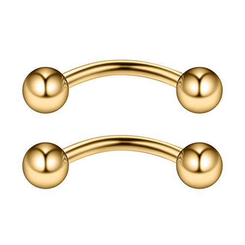 Ruifan 2PCS Eyebrow Piercing Jewelry Curved Barbell Snake Eyes Tongue Navel Belly Tragus Lip Ring 14g 14 Gauge 12mm - Gold