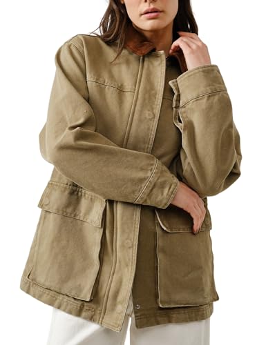 Esmeling Women Front Button Jacket Long Sleeve Contrast Collar Outwear Full Zipper Jacket with Pockets