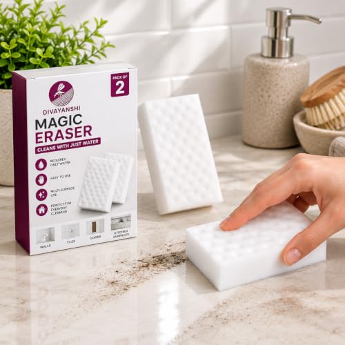 Image of Divayanshi Magic Eraser Sponge Pack of 2 | Powerful Stain Remover with Just Water | No Scratch Multi-Surface Cleaning Sponge for Kitchen, Bathroom, Walls, Shoes & Switchboards