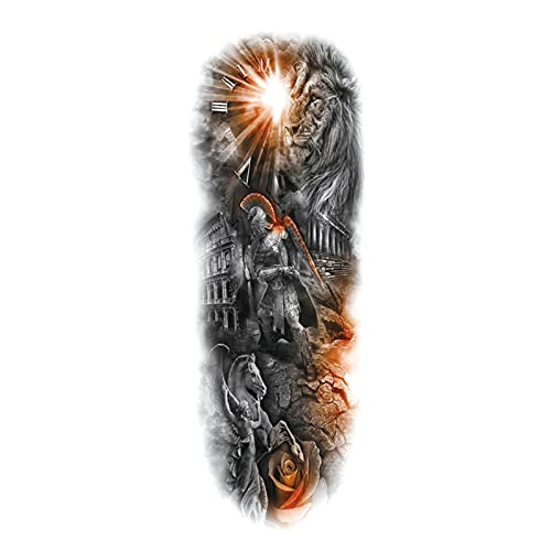 ATCWA Extra Large Waterproof Full Arm Temporary Tattoos, Realistic Tattoo Stickers Sun Roman Numeral Warrior Pegasus Lion Flower, Personalized Full Sleeve Fake Tattoos for Adult, Men, Women, Kids