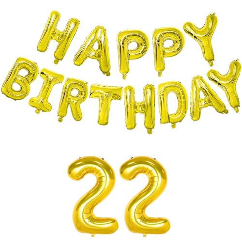 Image of Flyloons 22nd Golden Happy Birthday Foil Balloon Banner Set for 22 Year Old Boys Girls | with Number Twenty-two| 13 Letters Reusable Happy Birthday Metallic Foil Balloon Decoration Kit,15 piece