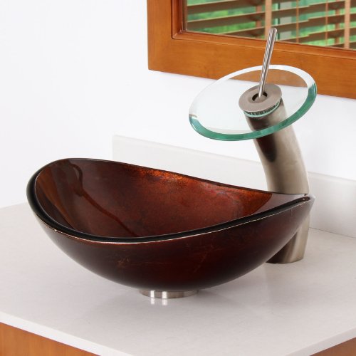 Elite Unique Oval Artistic Bronze Tempered Glass Bathroom Vessel Sink & Brushed Nickel Waterfall Faucet Combo #TOP1