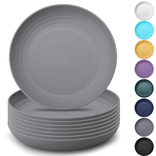 Kyraton Large Deep Plastic Plates - 8 Piece Set, 9 Inch Dinner Plates, Unbreakable, Lightweight, Microwave Safe