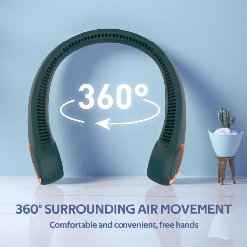 Image of Portable Neck Fan, Hands Free Bladeless Fan, 360 Cooling Personal Fan,Wearable Quiet Fan for Outdoor Indoor, Gifts for Men Women, 4000mAh Battery Operated, USB Rechargeable, 3-Speeds (Dark Green)