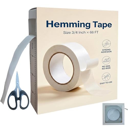Kalisphinx Hem Tape, 3/4In X 66FT Double Sided Fabric Tape with Storage Box, Stitch Witchery Hemming Tape for Curtains, No Sewing Ironing Tape for Dress Jeans Clothing Rug Carpet DIY
