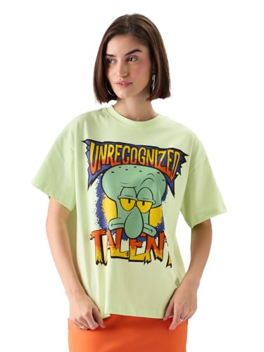 Image of The Souled Store Official Spongebob: Unrecognised Talent Women and Girls Oversize Fit Half Sleeves Graphic Printed Cotton Green Color T-Shirt
