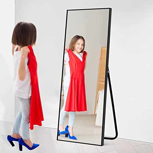 Image of NeuType 47 inchx16 inch Full Length Mirror with Standing Holder Aluminum Alloy Frame Floor Mirror Wall-Mounted Mirror for Living Room, Bedroom, Hanging or Leaning Against Wall, Black (with Stand)