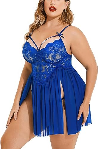 Image of Plus Size Lingerie Lace Babydoll Womens Strap Chemise Nightgown V Neck Nighty Mesh Sleepwear Side Slit Nightdress with G-Sting Panty