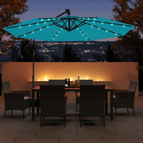 Tangkula 10ft Solar Patio Umbrella with Base Included, Offset Cantilever Outdoor Umbrella with 32 LED Lights, Infinite Tilt, 360 Degree Rotation, Crank Handle for Pool Deck Garden  image 3