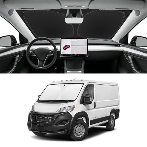 Image of Custom Fit Windshield Sun Shade for 2014-2026 Dodge Ram ProMaster | Blocks UV Rays and Sun Heat, Helps Reduce Interior Temperature, Protects Dashboard from Fading, Folds Easily for Storage