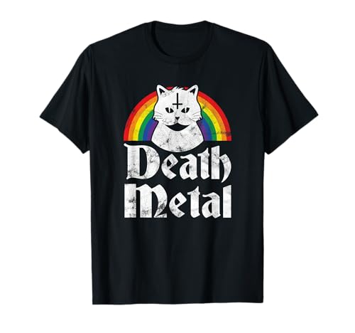 Death Metal Satanic Cat Rainbow Rock Goth Concert T-Shirt