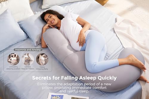 Image of Momcozy Cooling Pregnancy Pillow,Original F Shaped Maternity Pillow for Pregnant Women with Adjustable Wedge Pillow, Full Body Support Pregnancy Pillows for Side Sleeping with Velvet Cover, Light Grey