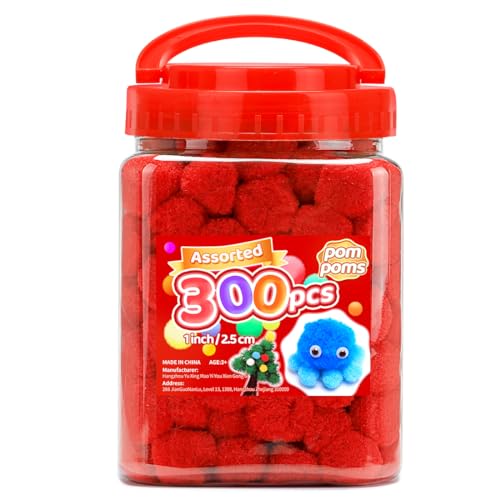 Image of Iooleem Red Pom Poms, 300pcs 1inch, Pom Poms for Arts and Crafts, Pom Pom Balls, Craft Pom Poms.