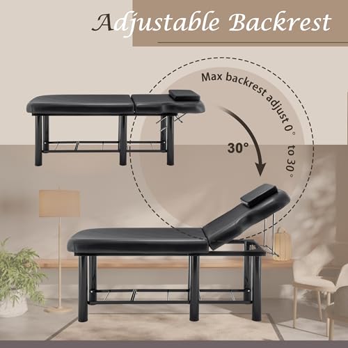 Hohuqeri Professional Massage Bed 73 Inch, Treatment Table Salon with Removable Headrest, Faux Leather Stationary Physical Therapy Table, Spa Facial with Adjustable Backrest, Steel Frame, Black - Thumbnail 4