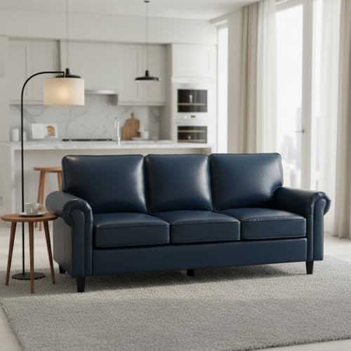 Image of Kingfun Faux Leather 3 Seater Couch, Mid Century Modern Sofa with Rolled Arms and Deep Seats, Fluffy Comfort for Living Room, Apartment, Easy Assembly, Blue